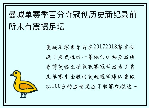 曼城单赛季百分夺冠创历史新纪录前所未有震撼足坛 曼城单赛季百分夺冠创历史新纪录前所未有震撼足坛